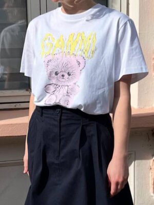 Little Bear Graphic Letter Printed White T-shirt Women Summer Cotton Casual Round Neck Fashion Short Sleeve T-shirts-GN10