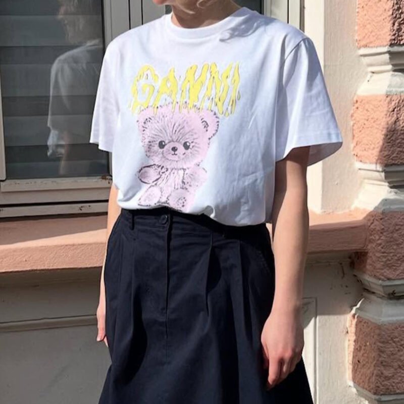 Little Bear Graphic Letter Printed White T-shirt Women Summer Cotton Casual Round Neck Fashion Short Sleeve T-shirts-GN10