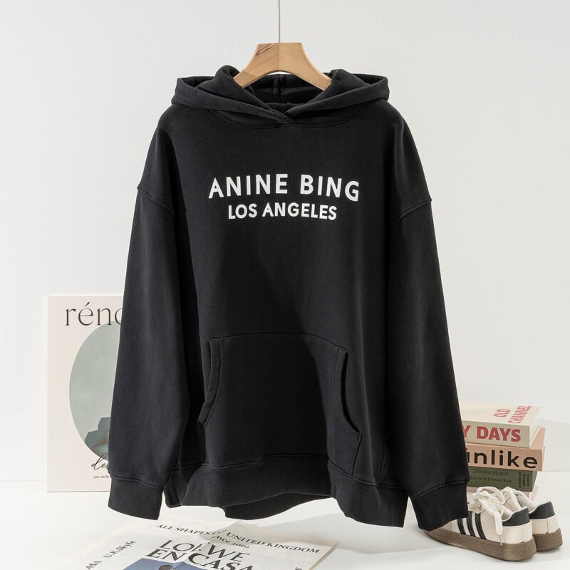 Winter Letter Print Fleece Women's Hooded Sweatshirt-ABS2500BK - 图片 2