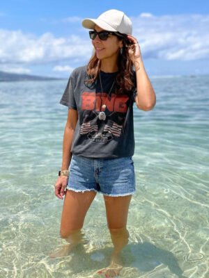 Black and Gray Eagle Flag Print Distressed Washed Ladies Short-sleeved T-shirt-ABT18BK