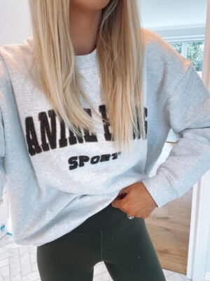 Letter Embroidery Loose Gray Cotton Fleece Women's Sweatshirt Long Sleeve Round Neck Pullover-ABS2472GY