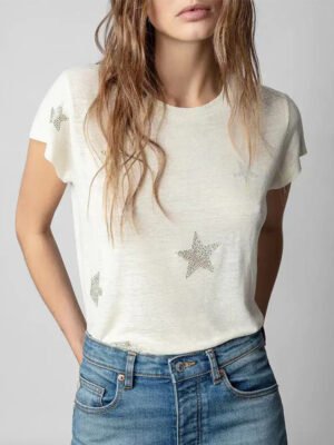 Star Pattern and Rhinestones Women's Linen Crew Neck Short-sleeved T-shirt-DH-ZV-7