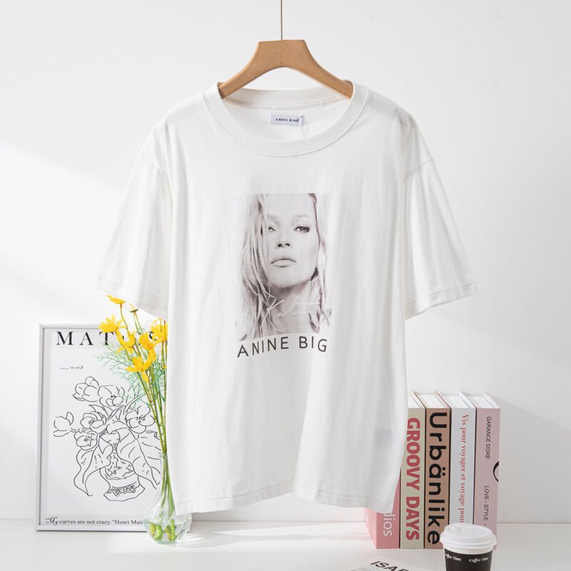 White Front Kate Head Portrait Letter Print Cotton Women's Loose Short-sleeved T-shirt-ABT13WT - 图片 2