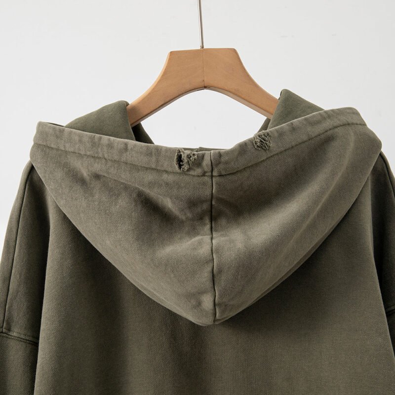Green Classic Letter Print Washed Color Fried Snowflake Loose Hooded Sweatshirt-ABS2405GN - 图片 5