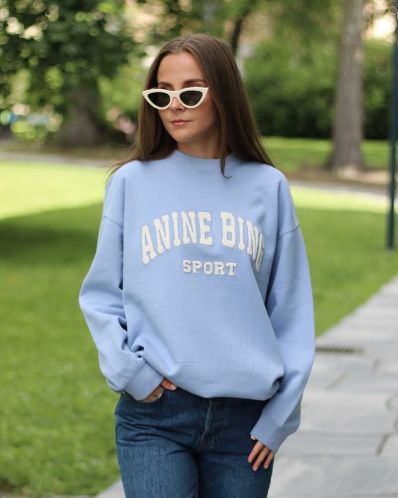 Letter Embroidery Loose Light Blue Cotton Fleece Women's Sweatshirt Long Sleeve Round Neck Pullover-ABS2480BL