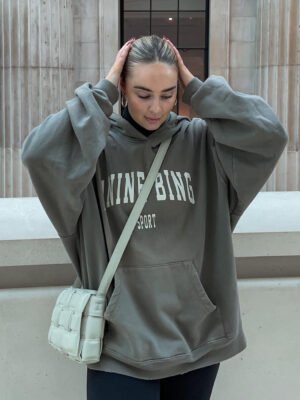 Green Classic Letter Print Washed Color Fried Snowflake Loose Hooded Sweatshirt-ABS2405GN