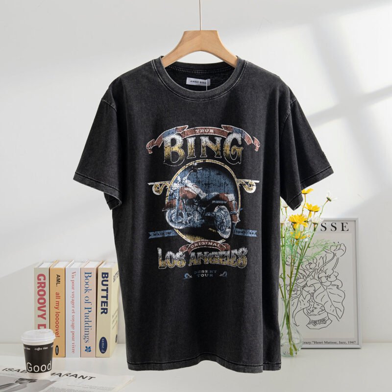 Motorcycle Letter Print Black Cotton Women's Short Sleeve T-Shirt-ABT37BK - 图片 2