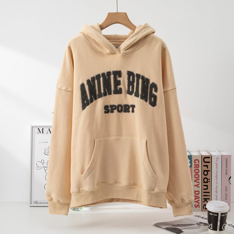Yellow Classic Letter Hand-cranked Embroidered Round Neck Lining Plus Velvet Women's Hooded Sweatshirt-ABS2408YEL - 图片 2