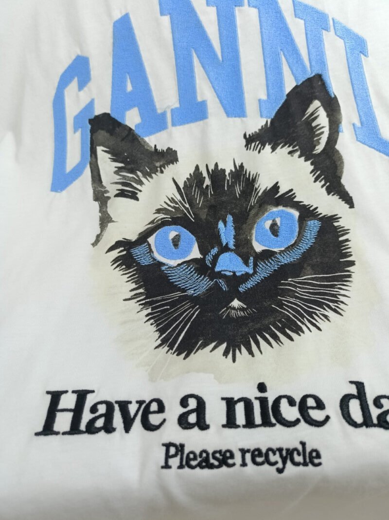 Blue Letter Embroidery Cat Printed T-shirts Women Crew Neck Cotton Short Sleeve Tops Tees-GN20 - 图片 7