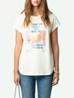 Iron Tower Lettering Print Hot Diamond Women's White O-Neck Short-sleeve T-shirt-DH-ZV-143