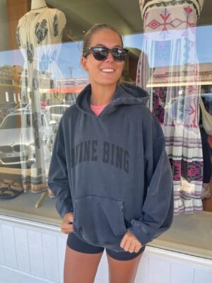 Black Classic Black Letter Print Washed Color Fried Snowflake Loose Hooded Sweatshirt-ABS2404BK