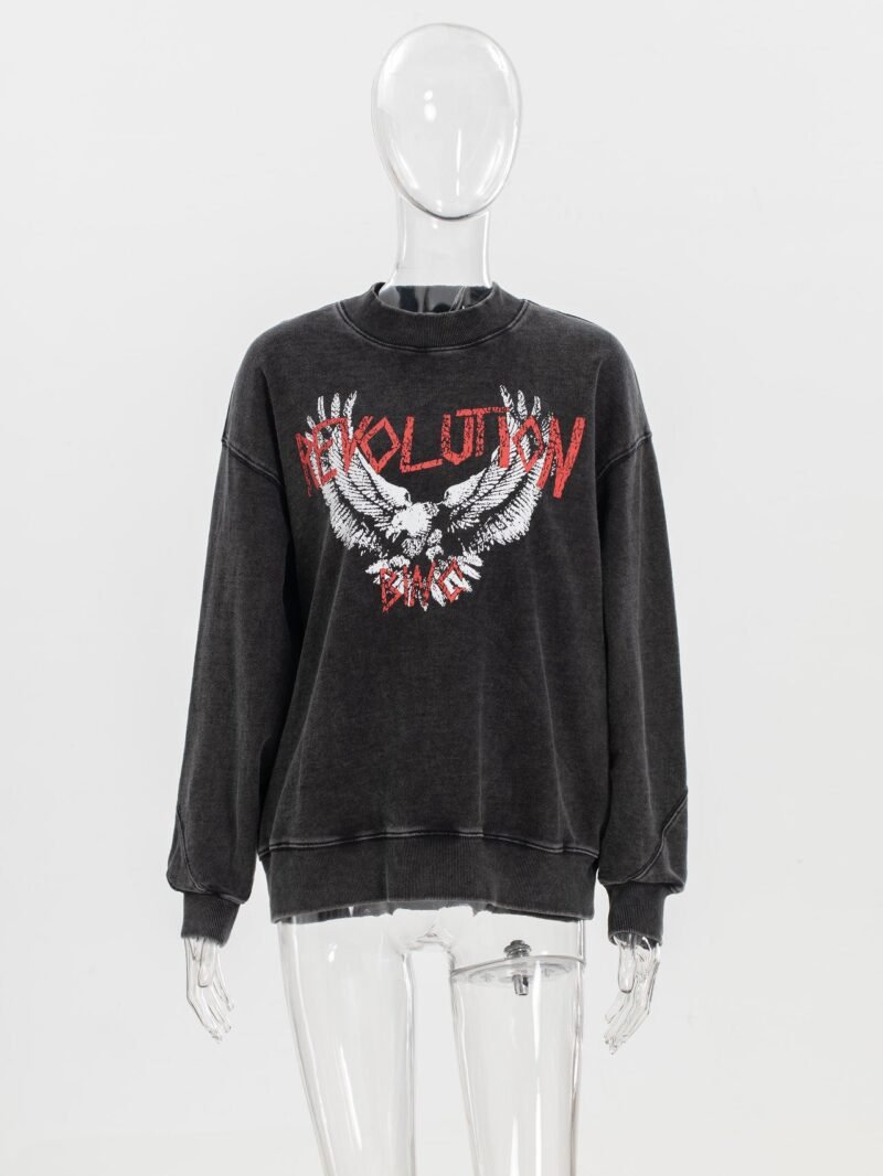 Autumn and Winter White Eagle Print Fried Color Washed Black and Gray Distressed Women's Sweatshirt-ABS2479BK - 图片 4