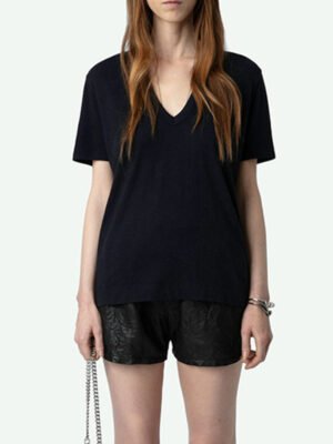 Back Letter Flocking Print Hot Diamond V-neck Ladies Short-sleeved T-shirt-DH-ZV-162