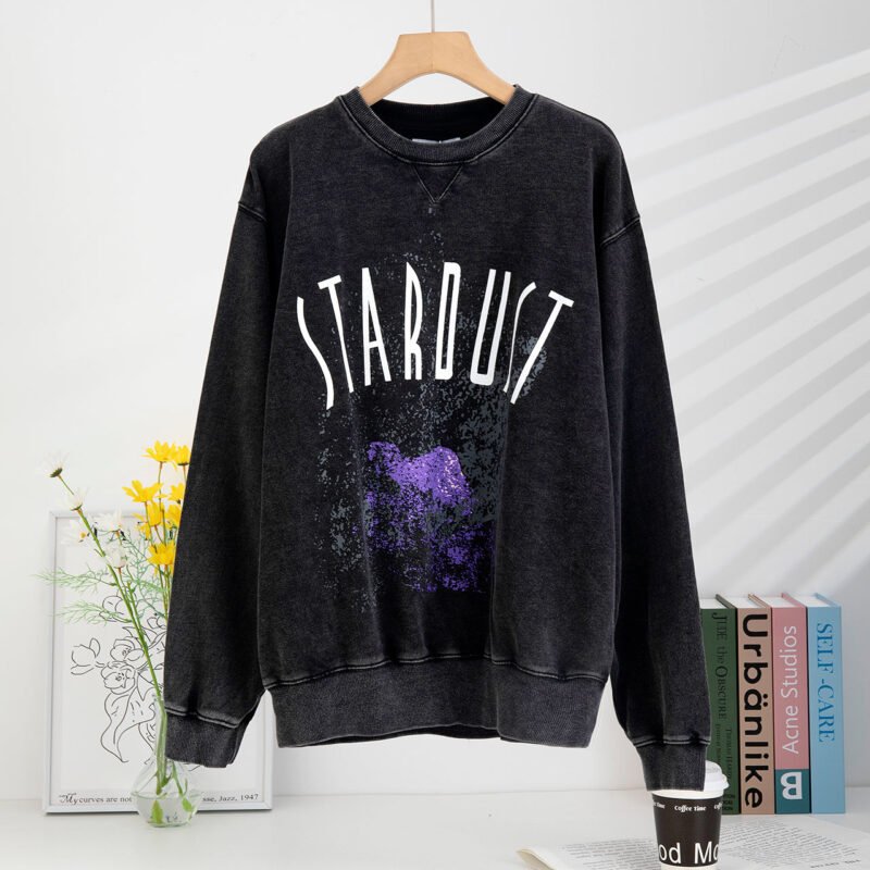 Sand Dot Letter White Ink Digital Printing Stir-fried Color Washed Stir-fried Snowflake Women's Sweatshirt-ABS2465BK - 图片 2
