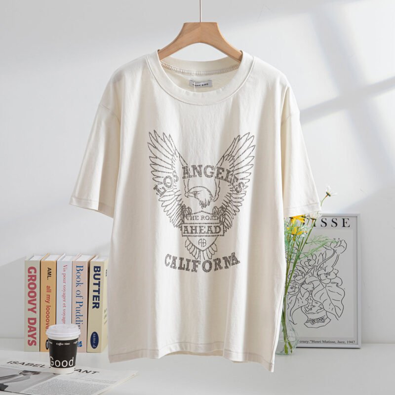 Summer Classic Sand Dot Eagle Print Cotton Round Neck Women's Short-sleeved T-shirt-ABT24WT - 图片 2