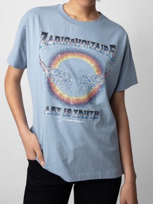 Rainbow Wings Letter Print Rhinestone Cotton Women's Short Sleeve T-Shirt-DH-ZV-76