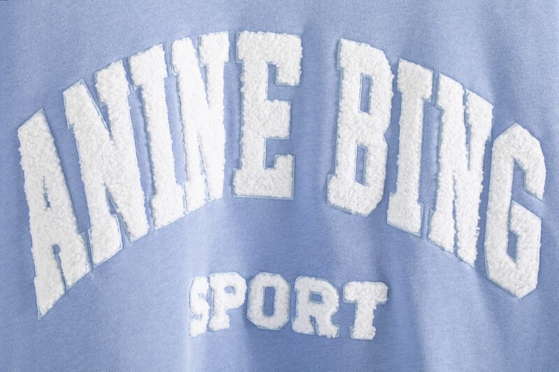 Letter Embroidery Loose Light Blue Cotton Fleece Women's Sweatshirt Long Sleeve Round Neck Pullover-ABS2480BL - 图片 4