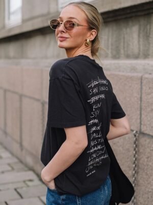 Letter Printed Washed Black and Gray Distressed Women's Short Sleeve T-Shirt-ABT49BK