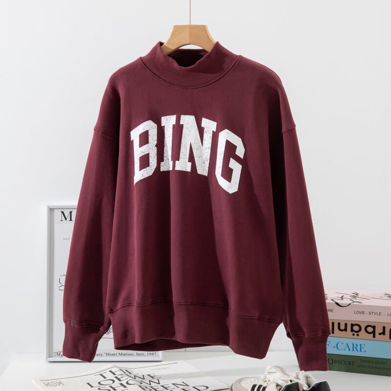 Red BING Printed Fleece High Collar Loose Women's Sweatshirt-ABS2492RED - 图片 2
