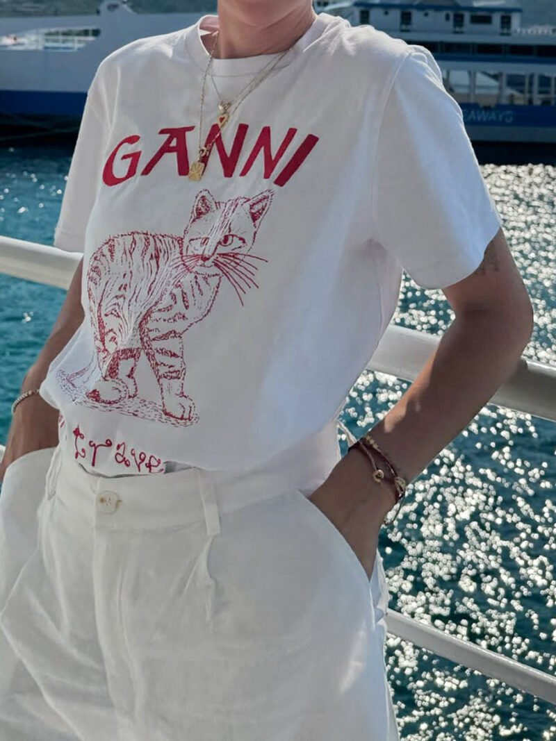 Letter Embroidery Cat Print White T-shirt Women Cotton Casual Crew Neck Short Sleeve T-shirts-GN19 - 图片 2