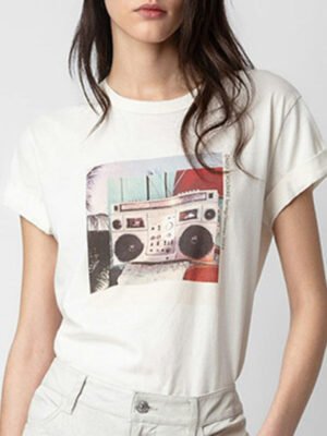 Radio Print Cotton Rolled Sleeve Women's Short Sleeve T-Shirt-DH-ZV-43