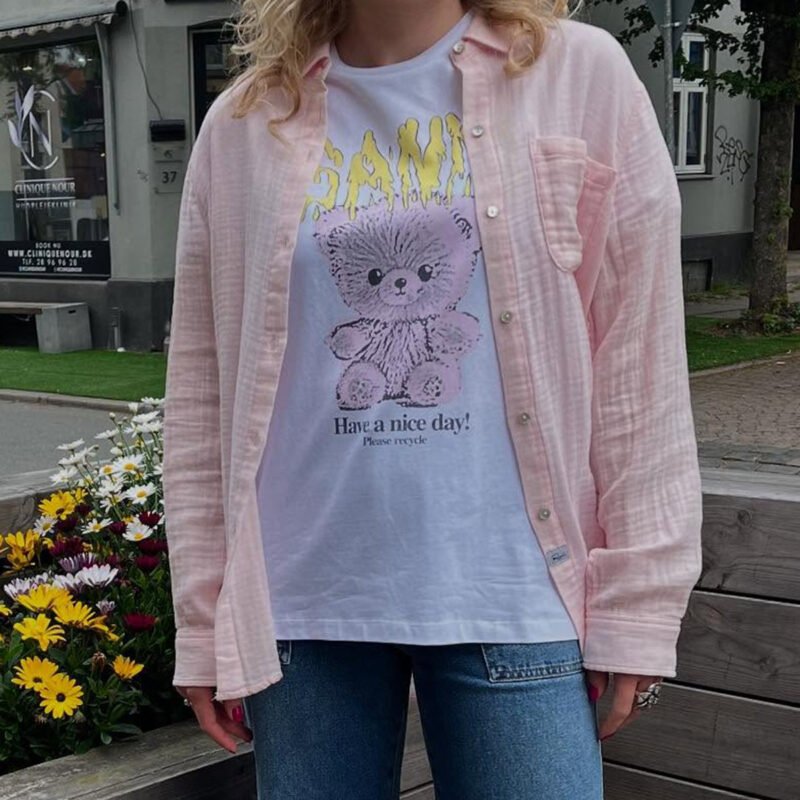 Little Bear Graphic Letter Printed White T-shirt Women Summer Cotton Casual Round Neck Fashion Short Sleeve T-shirts-GN10 - 图片 3
