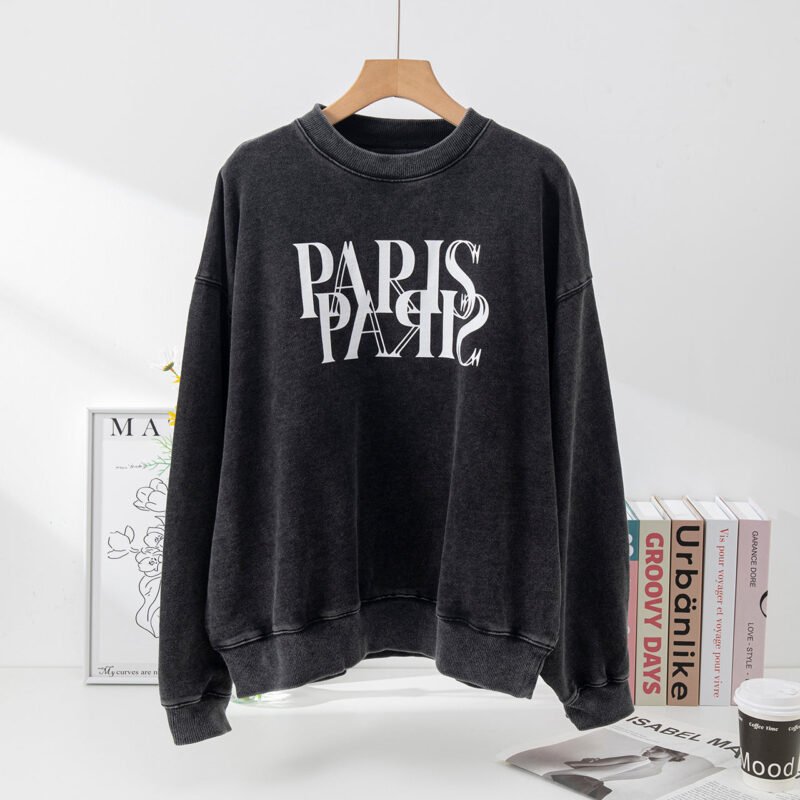 Autumn and Winter Black and Gray Classic Round Neck Letter Printing Fried Color Washing and Distressed Women's Sweatshirt -ABS2432BK - 图片 2
