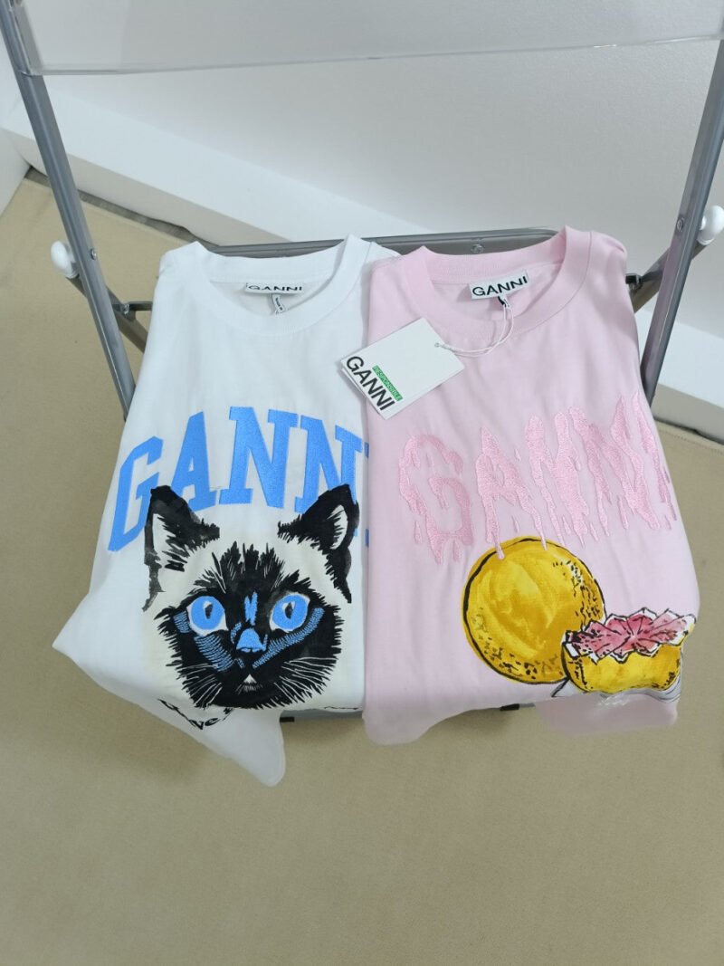 Blue Letter Embroidery Cat Printed T-shirts Women Crew Neck Cotton Short Sleeve Tops Tees-GN20 - 图片 4