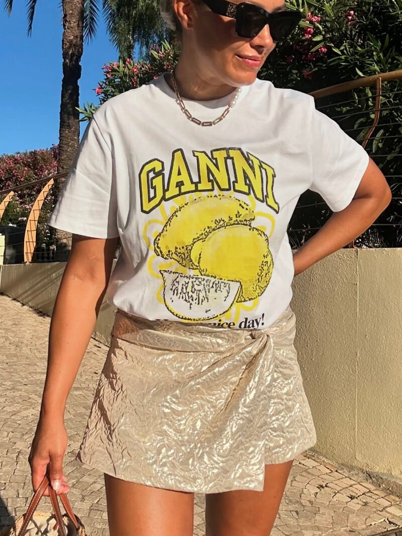 Lemon Printed Letter Cotton Casual White T-shirt Women-GN28 - 图片 2