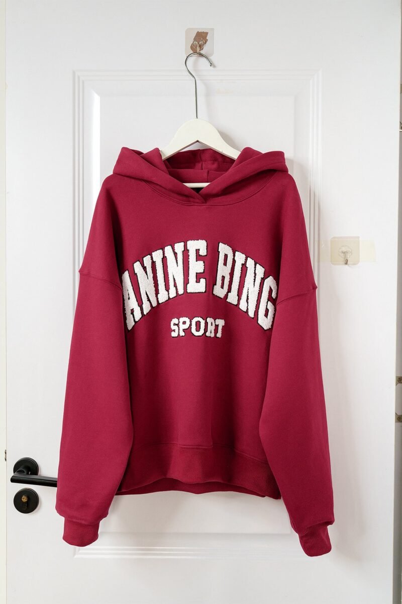 Burgundy Classic Letter Embroidered Fleece Women's Hoodie-ABS2509RD - 图片 3