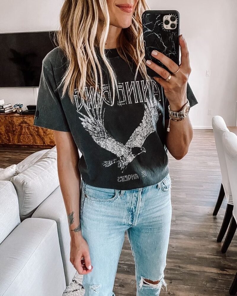 Eagle Print Washed Women's Black Short Sleeve T-Shirt-ABT07BK - 图片 13