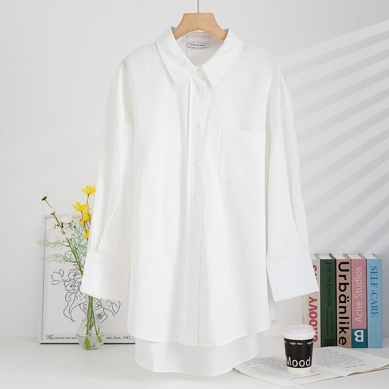 Three-color Classic Loose Logo Embroidery Lapel Hem Curved Women's Shirt-ABB01BL - 图片 8