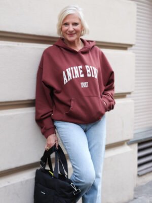 Burgundy Classic Letter Print Dyed Distressed Washed Women's Hooded Sweatshirt-ABS2403RED