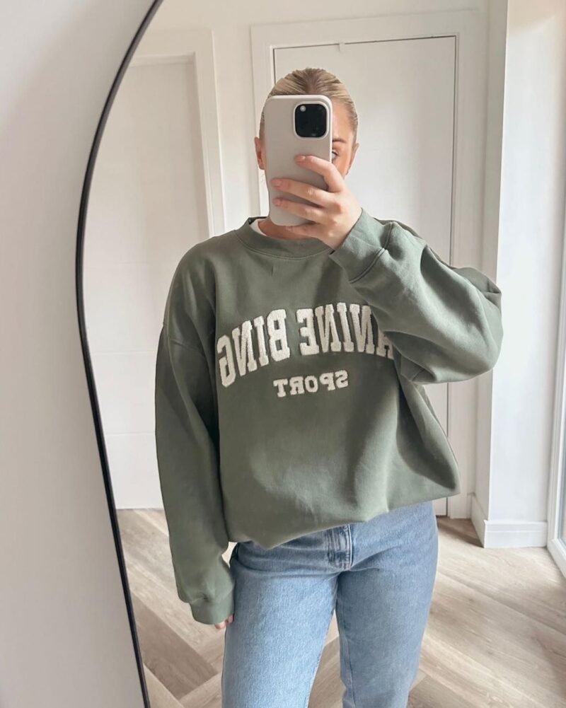 Letter Embroidery Loose Blue Cotton Fleece Women's Sweatshirt Long Sleeve Round Neck Pullover-ABS2419BL - 图片 8