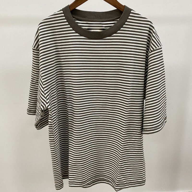Classic Logo Embroidery Striped Loose Cotton Women's Short-sleeved T-shirt-ABT15stri - 图片 9