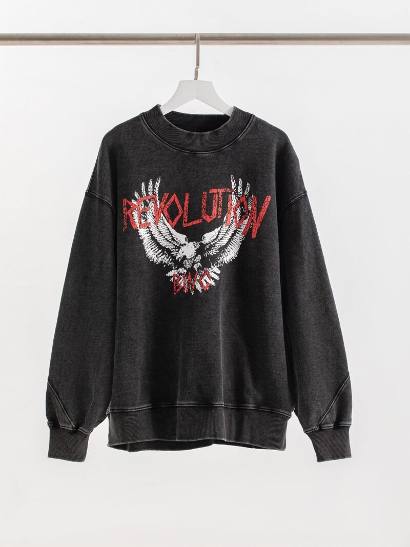 Autumn and Winter White Eagle Print Fried Color Washed Black and Gray Distressed Women's Sweatshirt-ABS2479BK - 图片 2
