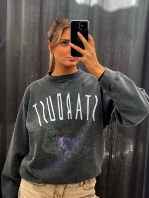 Sand Dot Letter White Ink Digital Printing Stir-fried Color Washed Stir-fried Snowflake Women's Sweatshirt-ABS2465BK