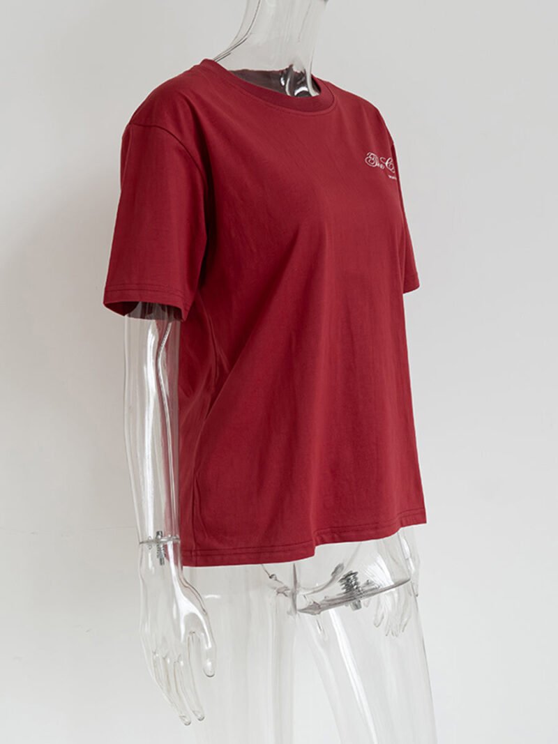 Vintage Letter Printed Cotton Women's Short Sleeve T-shirt-GN32 - 图片 5