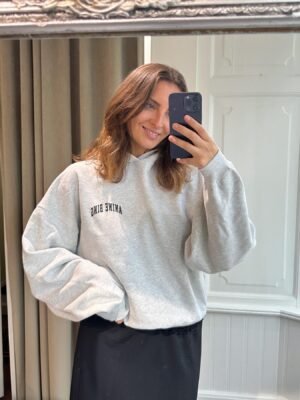 Classic Grey Letter Print Plush Women's Loose Hooded Sweatshirt-ABS2428GY