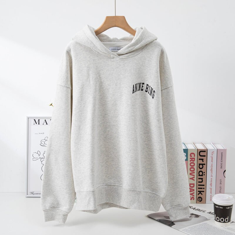 Classic Grey Letter Print Plush Women's Loose Hooded Sweatshirt-ABS2428GY - 图片 2