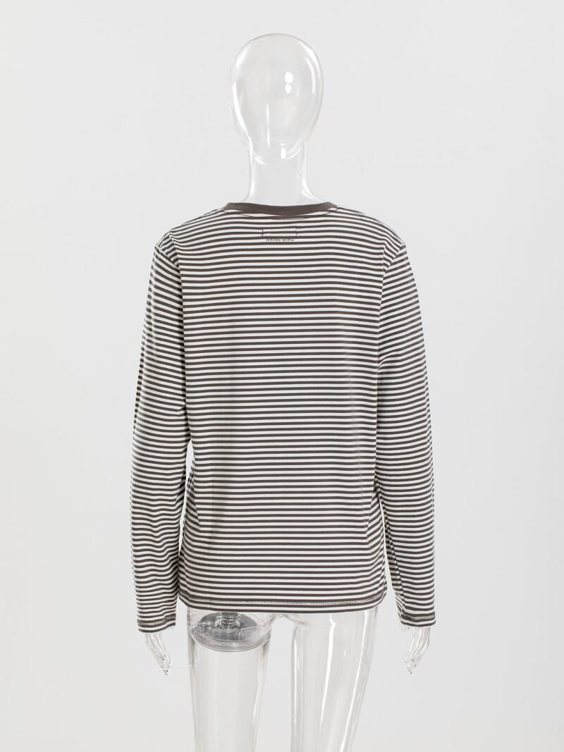 Autumn Light Green Striped Logo Embroidery Women's Loose Long-sleeved T-shirt-ABC12GNstrip - 图片 6