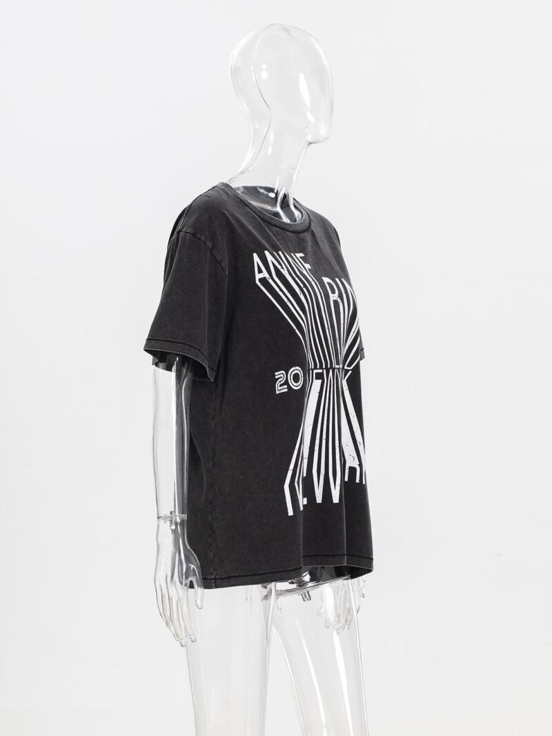 2025 Classic Letter Printed Washed Distressed Women's Short Sleeve T-shirt-ABC03BK - 图片 6