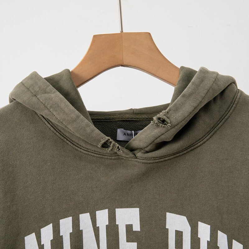 Green Classic Letter Print Washed Color Fried Snowflake Loose Hooded Sweatshirt-ABS2405GN - 图片 4
