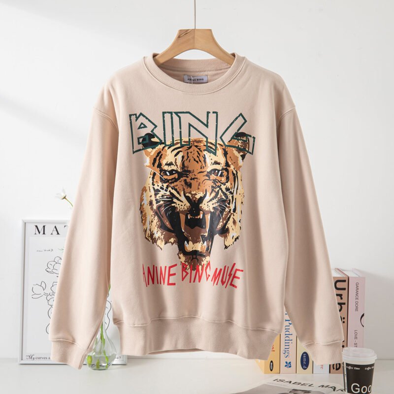 Classic Tiger Head Bing Digital Print Khaki Fleece Cotton Women's Sweatshirt-ABS2427KQ - 图片 2