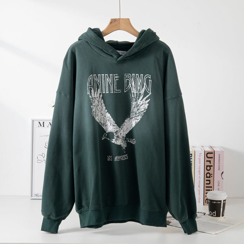 Autumn and Winter Washed Green Fried Eagle Print Fleece Distressed Hooded Sweatshirt-ABS2429GN - 图片 2