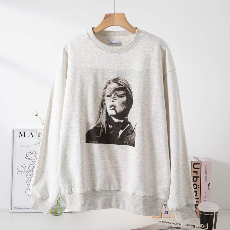 Women's Head Portrait Print Sweatshirt Round Neck Long Sleeve Pullover-ABS2439GY - 图片 2