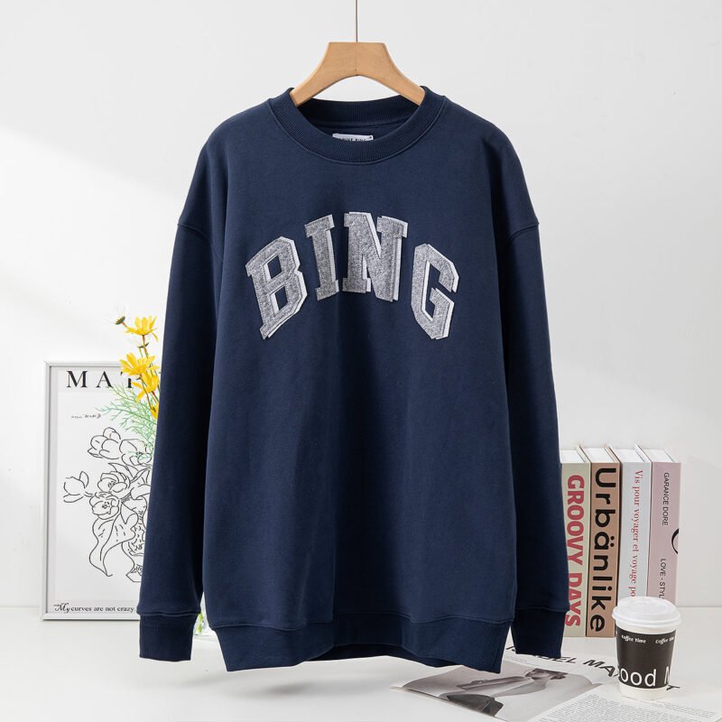 Navy Blue Classic Letter Patch Embroidery Lining Plus Velvet Loose Women's Sweatshirt-ABS2406DBL - 图片 14