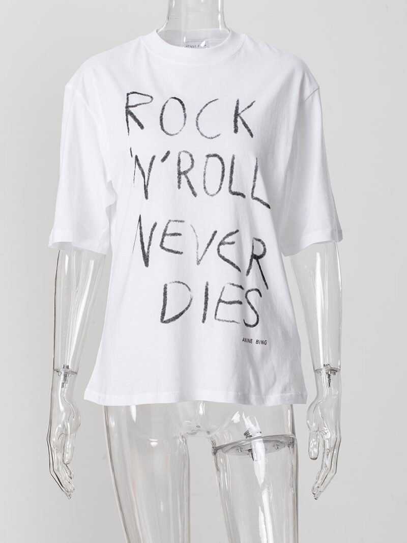 Letter Graffiti Watercolor Print Loose Cotton Women's White Short Sleeve T-shirt-ABT38WT - 图片 5