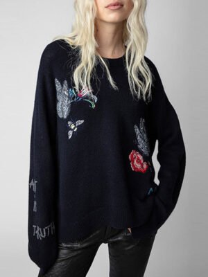 Butterfly Flower Letter Embroidery Cashmere Women's Sweater-DH-ZV-34