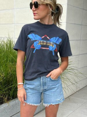 White Ink Digital Print Butterfly Washed Short-sleeved T-shirt for Women Tops-ABT27BK